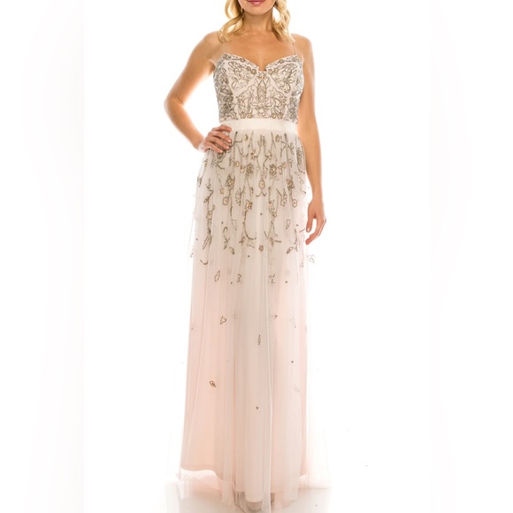 Aidan Mattox Pink Blush Embellished Beaded Floral Tea Length Dress - Picture 12 of 17